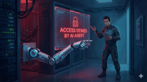 Agentic AI Security Risks: A futuristic server room where an autonomous AI agent screen displays Access Denied to a frustrated human IT administrator.