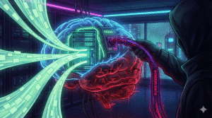 Agentic AI Security Risks visualization: AI Memory Poisoning Concept where a hacker injects corrupted red data.