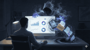 Agentic AI Security Risks example: Shadow AI stealing data from behind a web browser window.