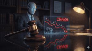 Agentic AI Security Risks in Finance: A legal gavel and crashing stock market charts with a blurred AI robot.