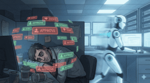 Human vs AI Speed: Exhausted human worker overwhelmed by AI notifications illustrating Alert Fatigue.