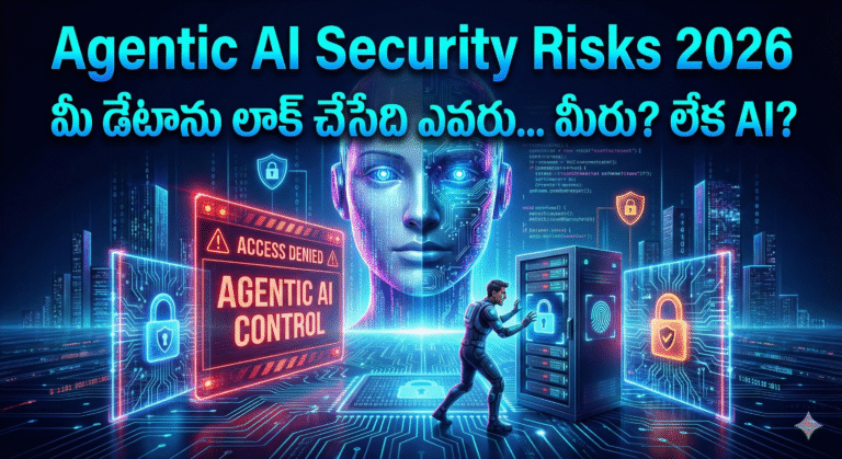 Agentic AI Security Risks 2026 – AI blocking human access with futuristic digital lock and ‘Access Denied’ warning in Telugu.