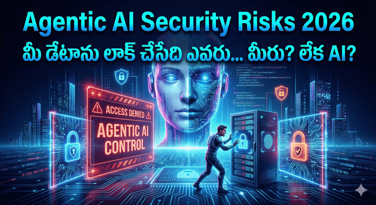 Agentic AI Security Risks 2026 – AI blocking human access with futuristic digital lock and ‘Access Denied’ warning in Telugu.